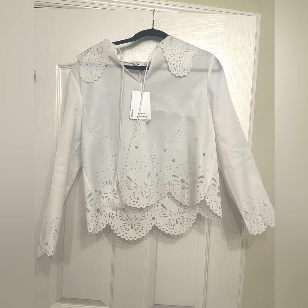 Eyelet Long-Sleeve Peter-Pan Collar Shirt in White
